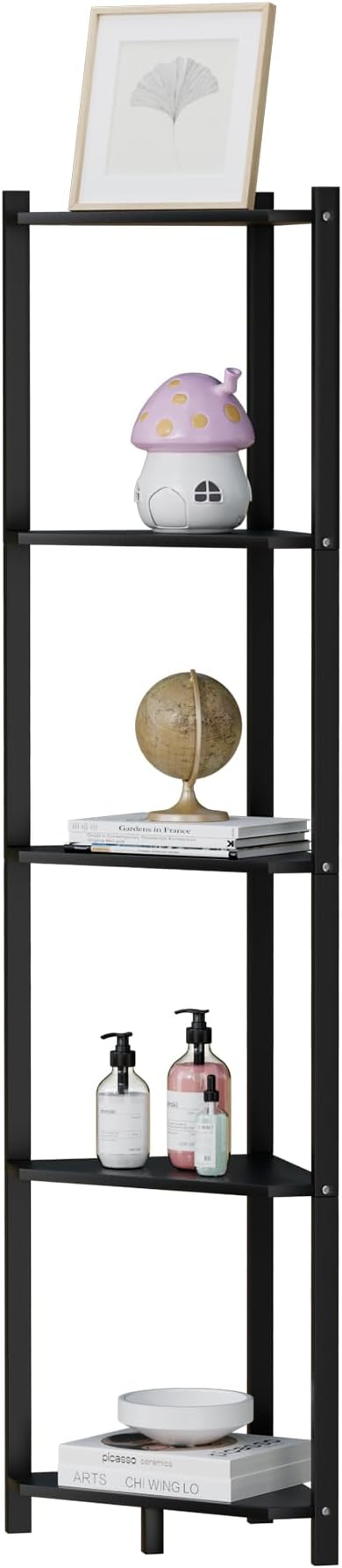 Wisuce Corner Shelf, 100% Real Bamboo Shower Corner Shelves Free Standing Shelf Storage Organizer for Bathroom Living Room Kitchen (Black, 5 Tier)
