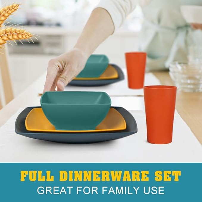 Teivio 16-piece Plastic Wheat Straw Square Dinnerware Set for 4, Unbreakable Dinner Plates, Salad Plates, Snack Bowls, Tumblers 13.5 oz, Dishwasher Safe, Autumn Multicolor