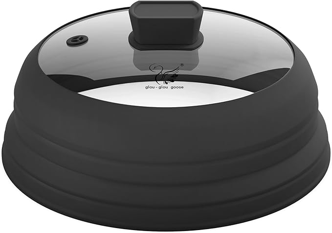 Microwave Splatter Cover Glass Splatter Guard Lid with Collapsible Silicone for Food Pot Plate Cover 11.8 inch Black