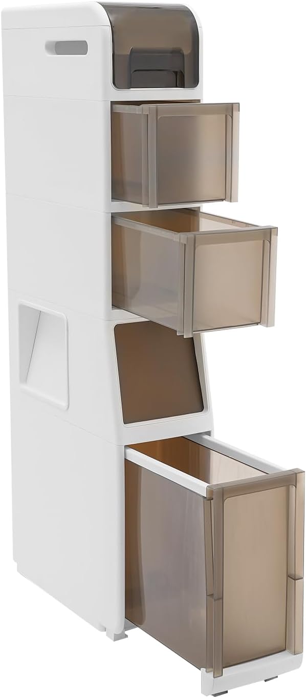 Slim Waterproof Narrow Bathroom Cabinet with Trash Bin Compact Design with Drawers and Toilet Paper Holder Movable Bathroom Organizers for Small Spaces (5Tier/37.8in H)