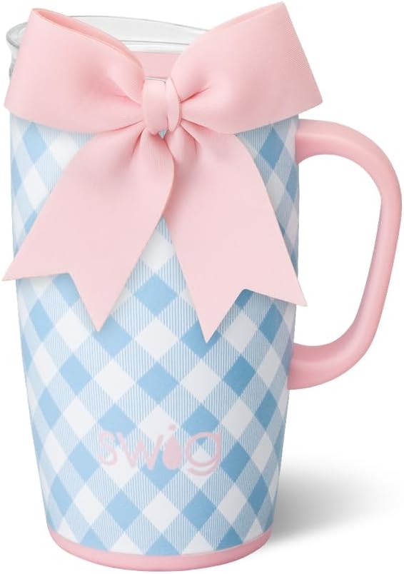 Swig Life 18oz Travel Mug, Insulated Tumbler with Handle and Lid, Travel Coffee Mug, Cup Holder Friendly, Stainless Steel 18 oz Tumbler, Reusable Insulated with Lid (Gingham)