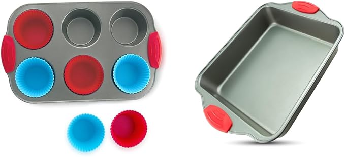 Boxiki Kitchen Duo: Non-Stick Steel Jumbo 6-Cup Muffin Pan with Silicone Handles & Reusable Liners + Non-Stick Steel 8x8 Square Baking Pan.