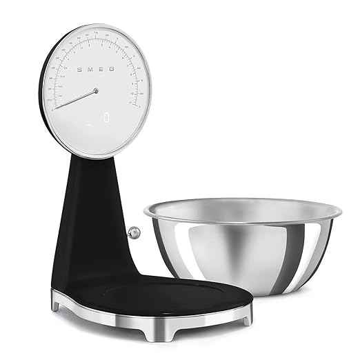 SMEG Retro-Style Analog & Digital Kitchen Scale, 11 lb Capacity, Rechargeable Battery, Backlit LCD Display, Stainless Steel Bowl (Black)