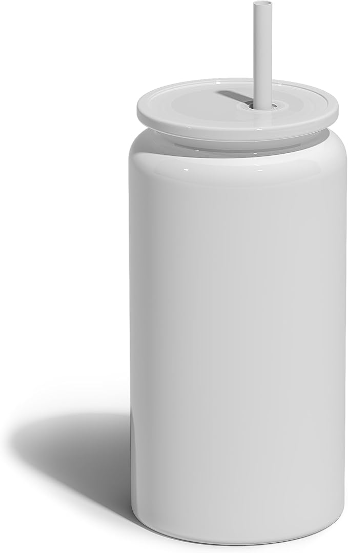 Glass Cups with Lids and Straws, 16oz Stainless Steels Cups, Beer Cups, Iced Coffee Cup, Smoothie Cup, Sublimation Tumbler, White (Smooth Polished Finish, Sublimatable)