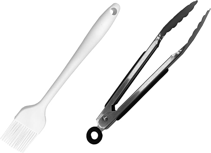 HBN 2-in-1 Stainless Steel Food Tongs & Heat-Resistant Silicone Basting Brush Set for Hot Dog Machine, Grill, Baking - Locking, Foldable, Dishwasher Safe