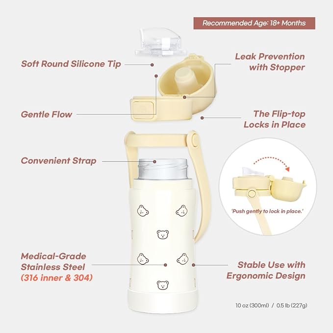 GROSMIMI Slow Flow Toddler Tumbler Water Bottle BPA Free 10 oz. (Stainless Steel, Bear)