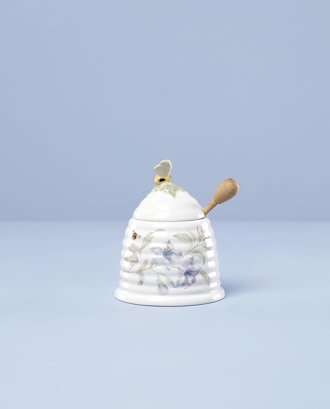 Lenox Home And Kitchen, Butterfly Meadow Beehive Honey Pot, Porcelain Material, Dishwasher Safe, Honey Jar, Honeypot, Bee And Flower Design, Bee Decor, Home Decor (White, 1 Piece, 10 Ounce Capacity)