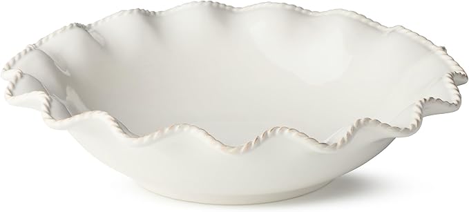 Heritage Scroll 13" Stoneware Serving Bowl – Elegant 80 oz Ivory Bowl with Embossed Scalloped Rim – Classic Ceramic Serveware for Salads, Pasta, or Holiday Sides
