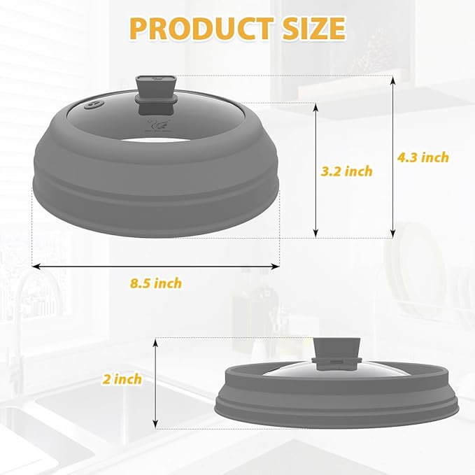 Microwave Splatter Cover Glass Splatter Guard Lid with Collapsible Silicone for Small Bowls Food Plate Cover 8.5 inch Grey