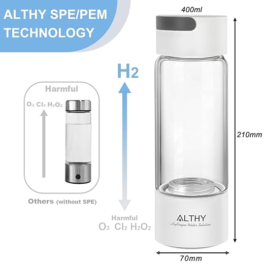 ALTHY Molecular Hydrogen Water Generator Hydrogen Water Bottle,Glass Flask, SPE PEM Technology Ionizer with Inhaler Adapter
