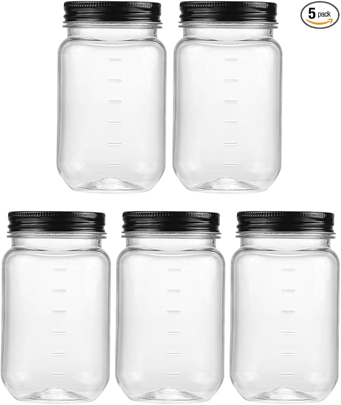 novelinks 16 oz Clear Plastic Jars with Lids, Refillable 16oz Mason Jars with Lids & Storage Containers for Kitchen & Household Use (5 Pack,Black)