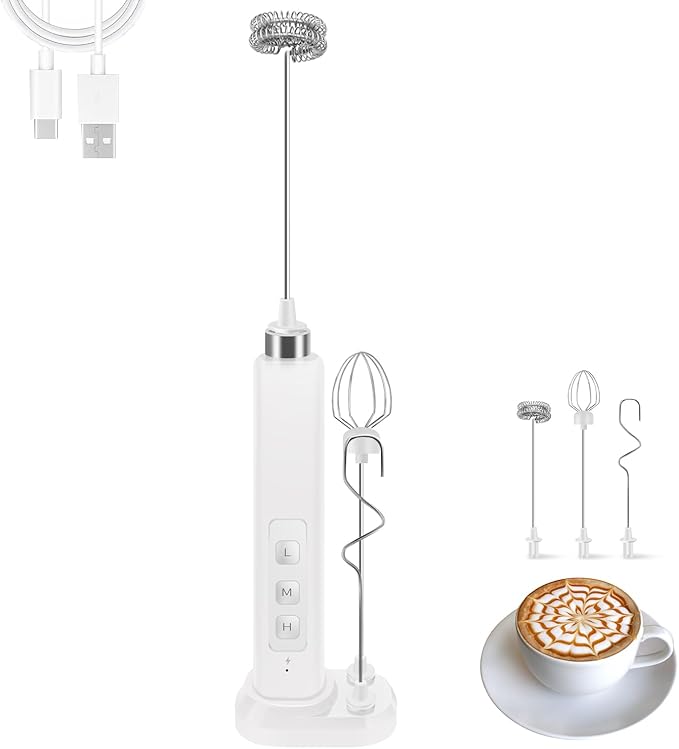Rechargeable Milk Frother Handheld with 3 Detachable Stainless Whisks, 3 Speed Adjustable Drink Mixer, Mini Frother Wand for Coffee, Matcha, Protein Shakes, with Charging Base and Whisk Storage