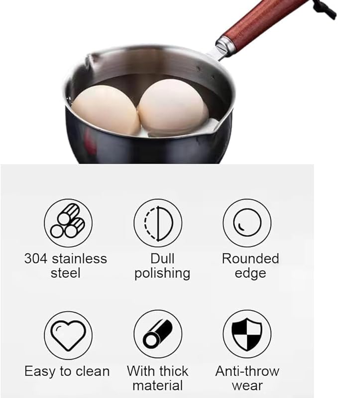 Butter Warmer Pot, 300ml 4.1x2.36in Milk Pot for Stove, Versatile Small Stainless Steel with Pour Spout and 4in Wooden Handle for Melting Butter, Heating Sauces, or Making Coffee