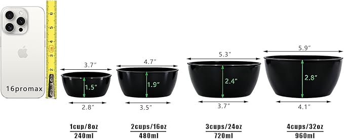 4-Piece Classic Plastic Prep Bowls with Lids, Nesting Plastic Small Mixing Bowl Set for Mixing, Baking, Prepping, Cooking and Serving Food, Microwave and Dishwasher Safe (Black)