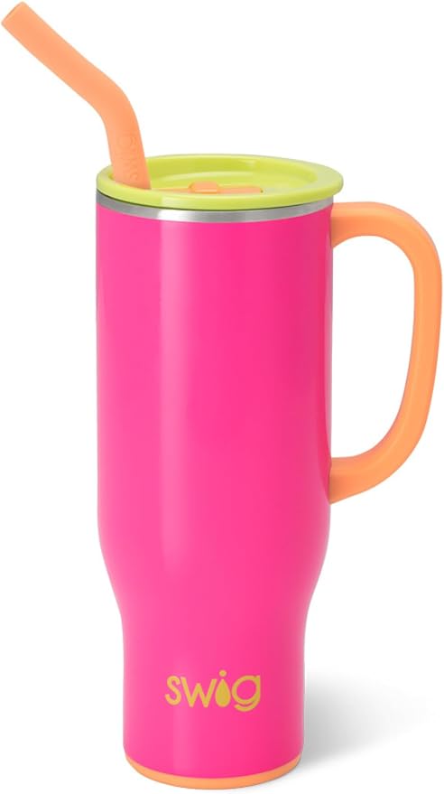 Swig Life 30oz Mega Mug, 30 oz Tumbler with Handle and Straw, Cup Holder Friendly, Dishwasher Safe, Extra Large Insulated Tumbler, Stainless Steel Water Bottle (Tutti Frutti)