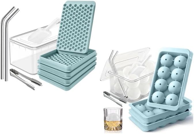 Mini Ice Cube Tray Set & 8 Cicles Ice Trays Set - 7 Trays, 2 Bins, 2 Scoops, 2 Tongs & 4 Straws