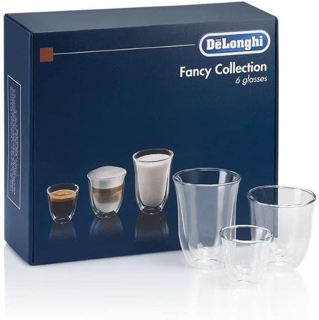 De'Longhi Fancy Collection Double Walled Thermo Espresso, Cappuccino and Latte Macchiato Glasses (Set of 6) and De'Longhi DLSC060 Stainless Steel Milk Frothing Jug