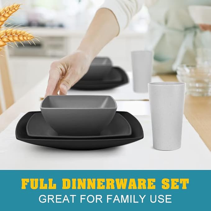 Teivio 16-piece Plastic Wheat Straw Square Dinnerware Set for 4, Unbreakable Dinner Plates, Salad Plates, Snack Bowls, Tumblers 13.5 oz, Dishwasher Safe, Gray Ombre