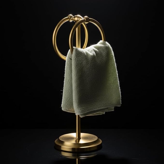 J&V TEXTILES Steel Towel Rack Holder Stand with 2 Hanging Rings for Bathroom Vanity Countertops - Space Saving Hand Towel Holder (Aged Brass)
