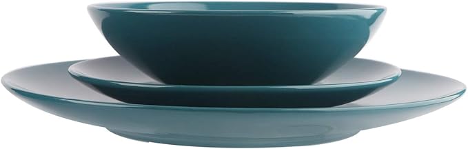 Amazon Basics 18-Piece Stoneware Dinnerware Set, Service for 6, Microwave and Dishwasher Safe, Plates and Bowls, Deep Teal