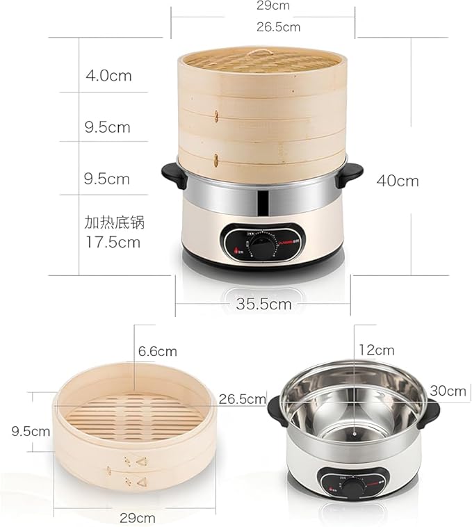 Electric Food Steamer, 2-Tier Bamboo Steamer, 60 Min Timer, Auto Shut-Off, Boil Dry Protection, 1500W