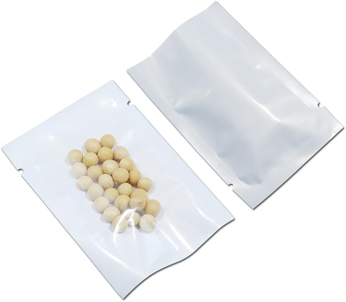 PABCK 300 Pcs 2.75x3.93 inch (Usable Size 2.4x3.5 inch) White Front Clear Open Top 2.8mil Plastic Vacuum Pouch Heat Sealable Bags for Food Storage Mini Packets with Tear Notches