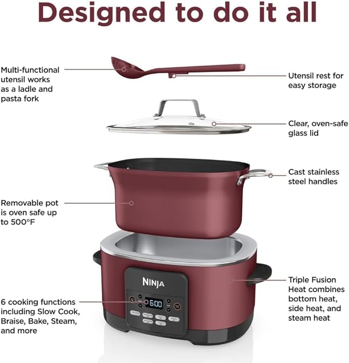 Ninja Foodi PossibleCooker PRO MC1000 8.5Qt Multicooker 8 in 1 Slow Cooker, Dutch Oven, Steam Bake Roast Sear Sauté Bread Maker Warmer, Glass Lid, Oven safe up to 500F, Nonstick (Cherry)