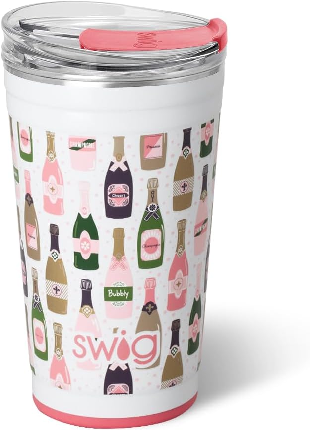 Swig Life 24oz Party Cup, Stackable Insulated Travel Coffee Tumbler with EZ Slider Lid, Cup Holder Friendly Travel, Stainless Steel 24 oz Tumbler, Reusable Mug (Bubbly)