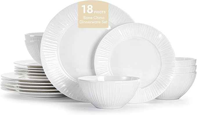 KINGSTONE Bone China Dinnerware Set, 18-Piece White Lightweight Porcelain with Textured Design Service for 6, Plates, Bowls, for Family Dining, Restaurants, Gifting，Microwave and Dishwasher Safe