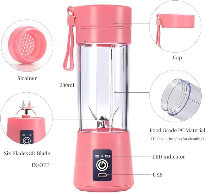 Portable Blender Cup,Electric USB Juicer,Mini Blender For Shakes and Smoothies, juice,380ml, Six Blades Great for Mixing,pink