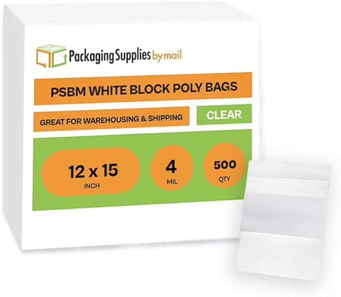 PSBM 500 Count 4 Mil 12 Inch x 15 Inch, White Block Reclosable Poly Bags, With Write-On Block, Clear Zip Plastic Bag, Lock Seal Zipper For Packing, Storing, Organizing & Shipping Products