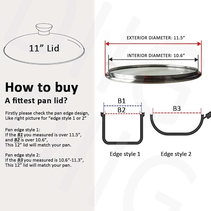 11 In Glass Lid for Frying Pan, Tempered Replacement Cover Compatible with All 11 Inches Cookware for Skillets, Round Cast Iron, Cast Aluminium, Stainless Steel Pans &Pots