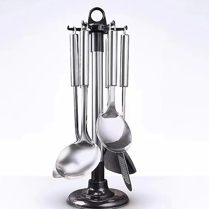 Kitchen Cooking Utensil Rack, 360 Degree Rotating Stainless Steel Kitchen Ware Organizer, Ware Storage Rack with 6 Hooks for Spatula Scoop Spoon, etc.