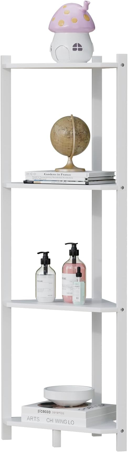 Wisuce Corner Shelf, 100% Real Bamboo Shower Corner Shelves Free Standing Shelf Storage Organizer for Bathroom Living Room Kitchen (White, 4 Tier)