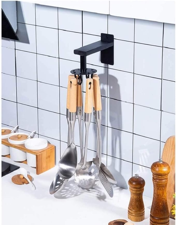 Kitchen Cooking Tool Utensil Holder - iNenya Kitchen Spatula Holder Spoon Organizer Hanging for Wall , Black Rotating Utensil Rack With 6 Hooks for Hanging Spoons,Pot Pan (Black-1)