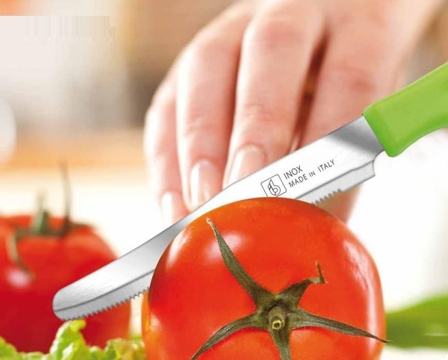 Tredoni 6 kitchen Knives - 4.3"/11cm Italian Stainless Steel Serrated Vegetable/Steak/Table Knife Cutlery, Rounded Tip (Azure)