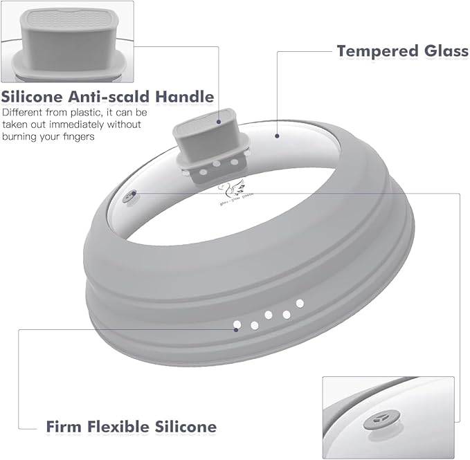 Microwave Splatter Cover Glass Cover Guard Lid with Collapsible Silicone for Food Pot Plate Cover 10.8 inch Light Grey
