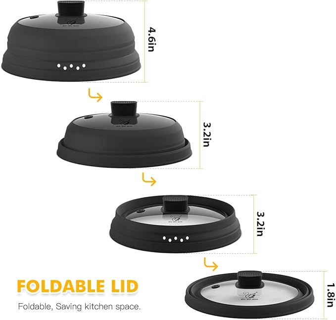 Microwave Splatter Cover Glass Cover Guard Lid with Collapsible Silicone for Food Pot Plate Cover 9.8 inch Black
