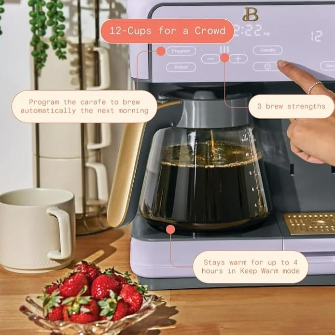 Beauti Multi Brew 12 Cup Programmable Drip & Single Serve Coffee Maker, Versatile Brewing (6oz, 8oz, 10oz, 12oz, 14oz), Pods or Ground, Over Ice option, Keep Warm mode (Lavender)