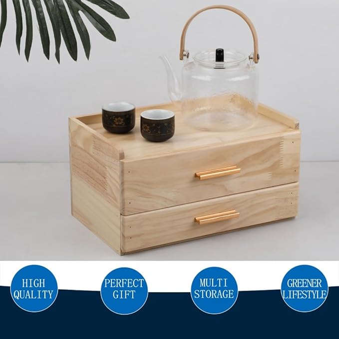 Tea Organizers and Storage Box with Drawer Tea Station organizer for Countertop with 8 Compartments Pine Wood Tea Bag Organizer with Drawer Teabag Holder with 4 Cotton Woven Coasters（Wood02）
