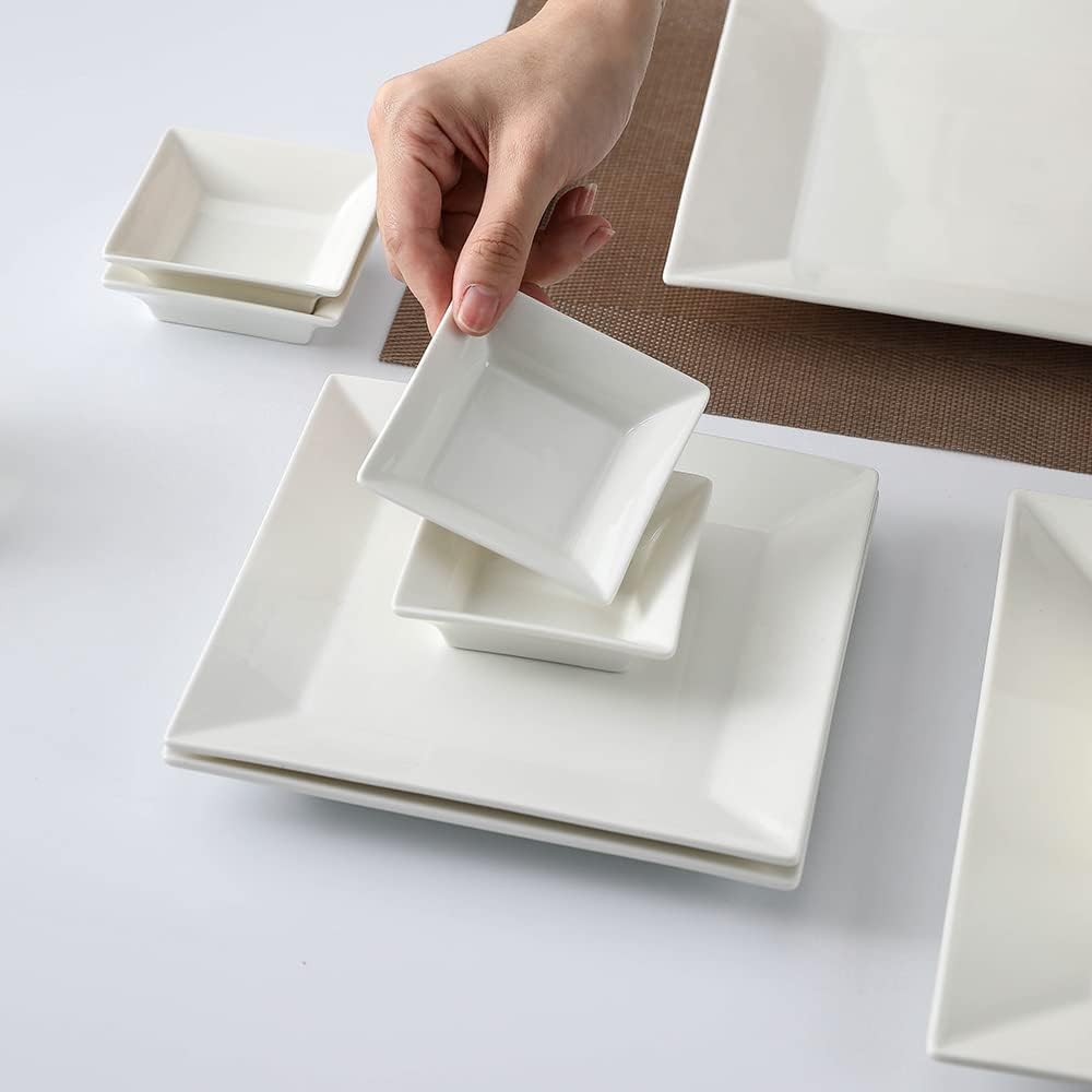 Porlien 24-Piece Classic Square Dinnerware Set for 6-Off White Plates