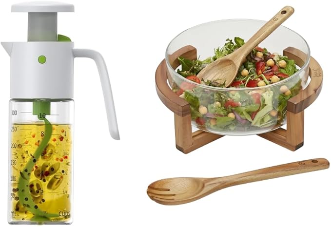Glass Dressing Mixer Bottle & Large Salad Bowl with Acacia Utensils – Leakproof Measuring Shaker with 11" Glass Serving Bowl for Fresh Dressings, Salad Prep, Table Serving & Everyday Meal Presentation