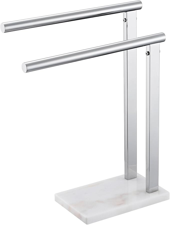 KOKOSIRI Hand Towel Bars Standing Towel Rack 2-Tier with Marble Base for Bathroom Vanity Countertop, Polished Stainless Steel 15.7'' Height THS0007-CH