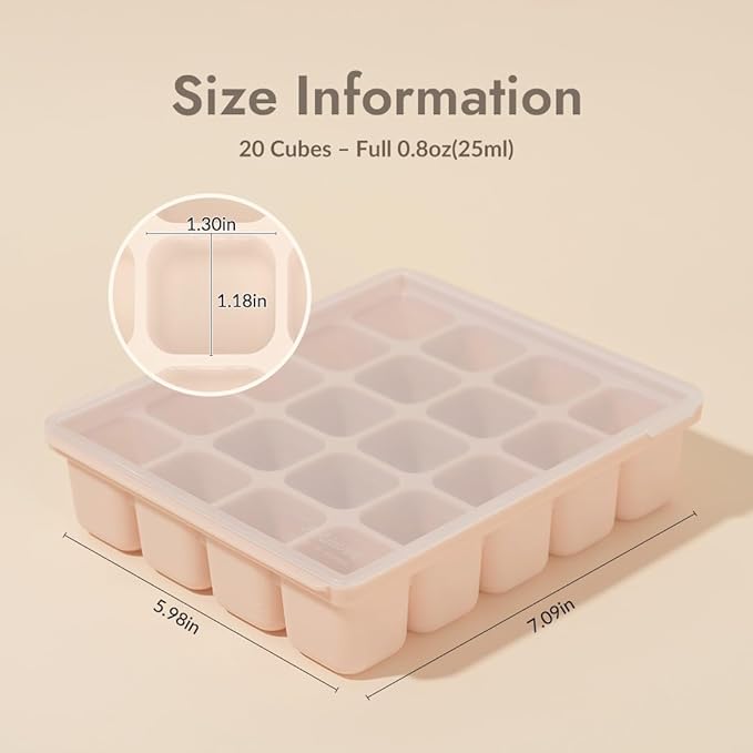 Baby Food Storage Silicone Cubes with Clip-On Lid Freezer Tray Baby Food Soups Purees Ice Safe Design Made in Korea(20cubes 0.8oz, Sand Beige Set of 2)
