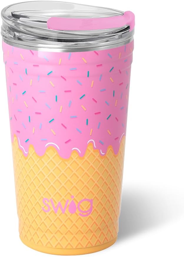 Swig Life 24oz Party Cup, Stackable Insulated Travel Coffee Tumbler with EZ Slider Lid, Cup Holder Friendly, Stainless Steel 24 oz Tumbler, Reusable Coffee Mug (Scoop There It Is)