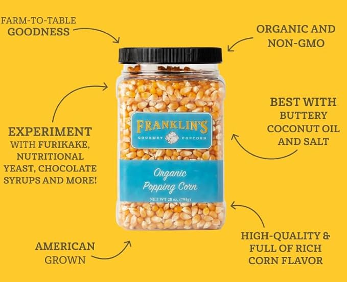 Franklin’s Gourmet Popcorn Organic Popcorn Kernels for Popping - 28oz Tub Pack of 2 - Made in USA, Non-GMO & All-Natural - Old Fashioned Unpopped Popcorn Kernels for Popcorn Machine