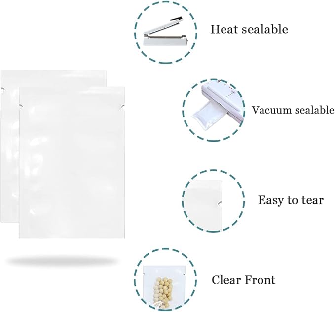PABCK 300 Pcs 2.75x3.93 inch (Usable Size 2.4x3.5 inch) White Front Clear Open Top 2.8mil Plastic Vacuum Pouch Heat Sealable Bags for Food Storage Mini Packets with Tear Notches
