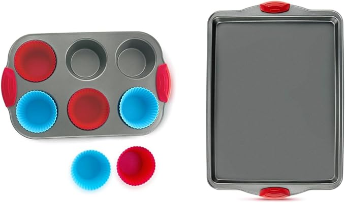 Duo: Non-Stick Steel 6-Cup Muffin Pan with Silicone Handles & Reusable Liners + Premium 11x14 Inch Non-Stick Baking & Cookie Sheet Pan.