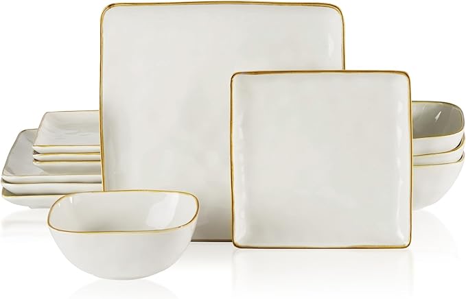 famiware 3 Pcs Rectangular Serving Platter and Dinnerware Set for 4 (12Pcs), Vanilla White