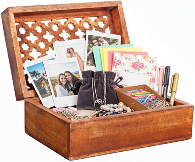 Mela Artisans Trellis Mango Wood Decorative Storage Box – Hand-Carved Wooden Jewelry Box for Keepsakes, Accessories & Home Decor – Medium Burnt, Large, 9 x 6 x 3.5
